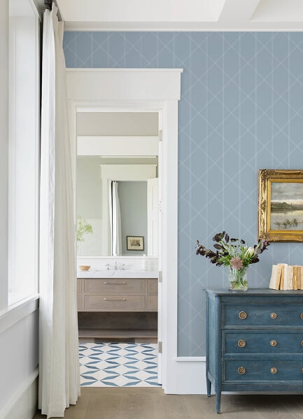 Walcott Light Blue Stitched Trellis Wallpaper