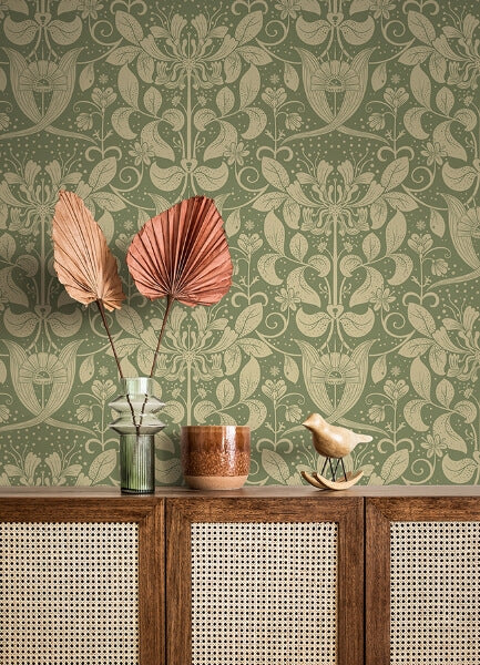 Berit Green Floral Crest Wallpaper