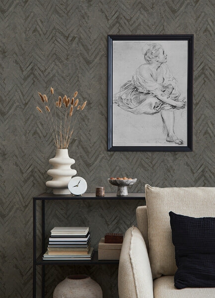 Amesemi Dark Grey Distressed Herringbone Wallpaper