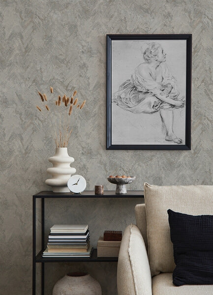 Amesemi Grey Distressed Herringbone Wallpaper