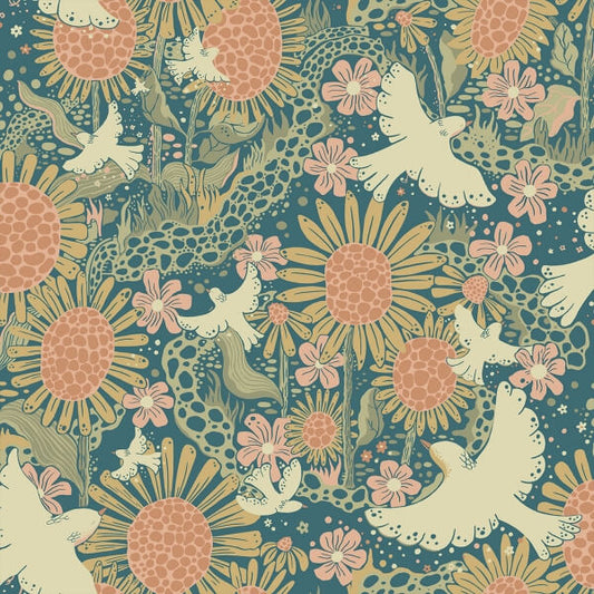 Drömma Teal Songbirds and Sunflowers Wallpaper