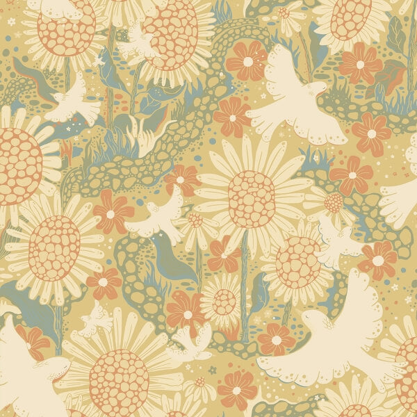 Drömma Coral Songbirds and Sunflowers Wallpaper