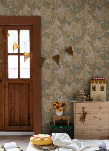 Drömma Coral Songbirds and Sunflowers Wallpaper