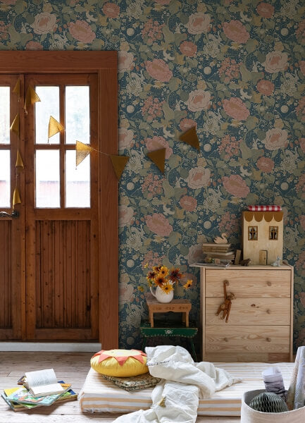 Växa Teal Rabbits & Rosehips Wallpaper