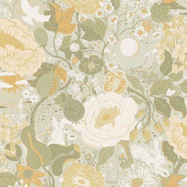 Växa Grey Rabbits & Rosehips Wallpaper
