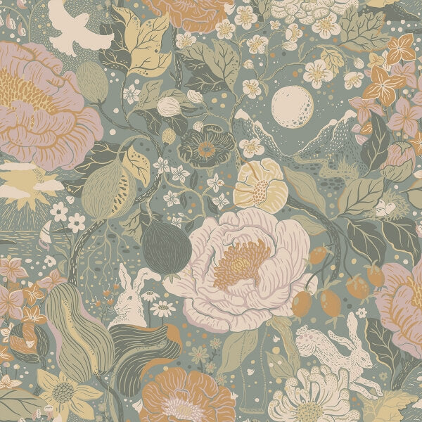 Växa Slate Rabbits & Rosehips Wallpaper