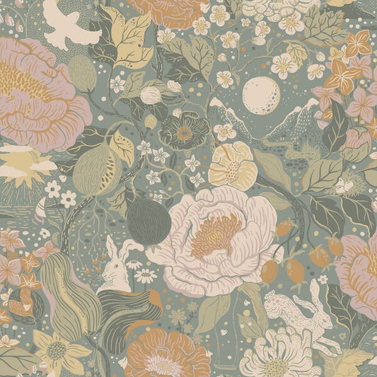 Växa Slate Rabbits & Rosehips Wallpaper