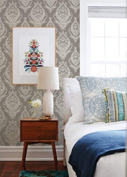 Arlie Grey Botanical Damask Wallpaper