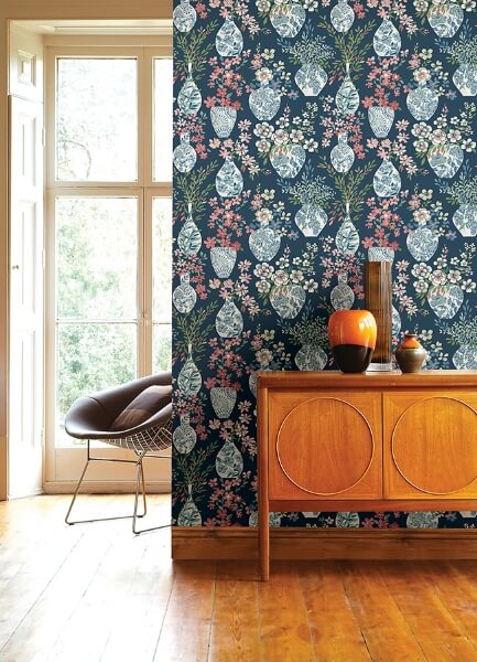 Harper Teal Floral Vase Wallpaper
