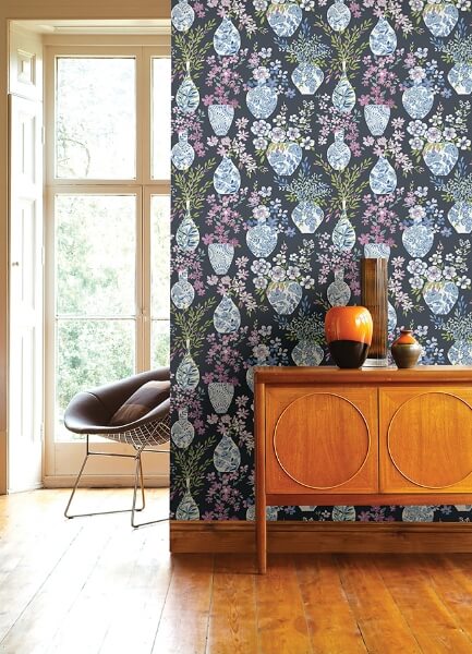 Harper Charcoal Floral Vase Wallpaper