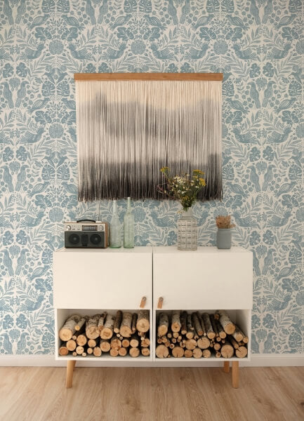 Nestle Blue Bird Block Print Wallpaper