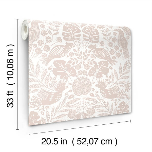 Nestle Pink Bird Block Print Wallpaper