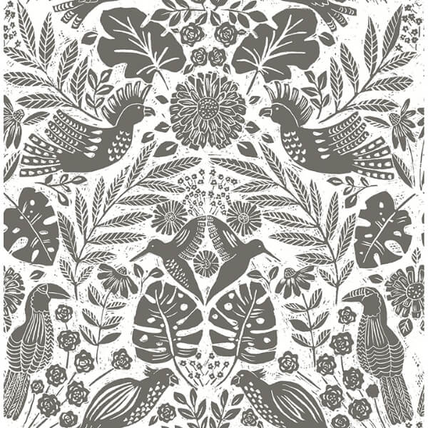 Nestle Charcoal Bird Block Print Wallpaper