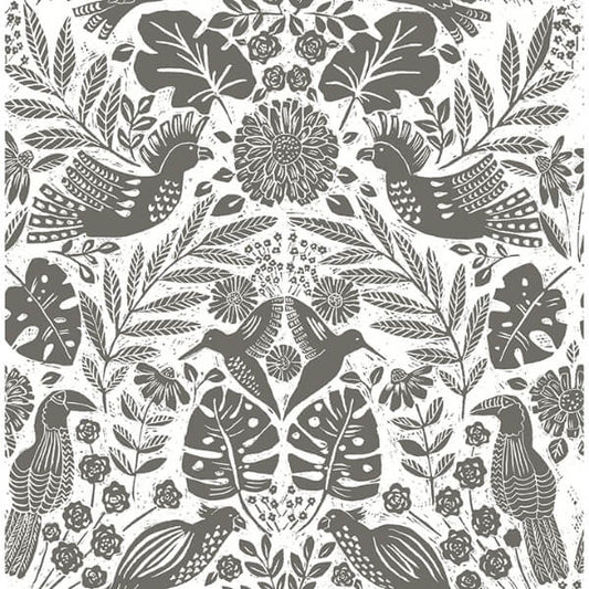 Nestle Charcoal Bird Block Print Wallpaper