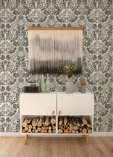 Nestle Charcoal Bird Block Print Wallpaper