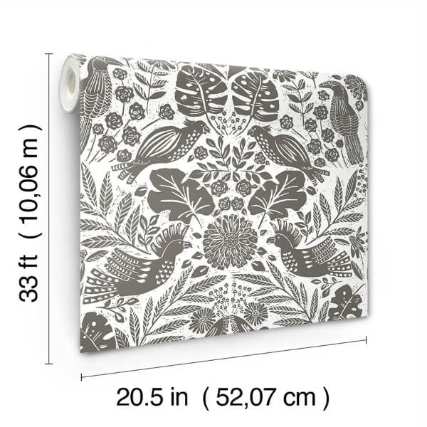 Nestle Charcoal Bird Block Print Wallpaper