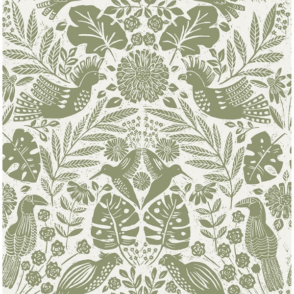 Nestle Green Bird Block Print Wallpaper