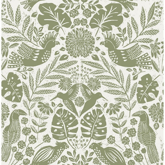 Nestle Green Bird Block Print Wallpaper