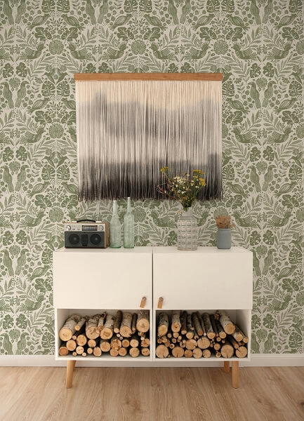 Nestle Green Bird Block Print Wallpaper