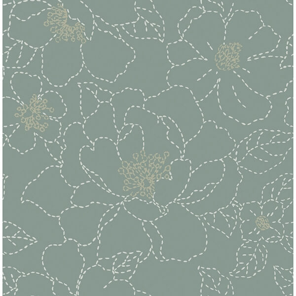 Gardena Sea Green Embroidered Floral Wallpaper