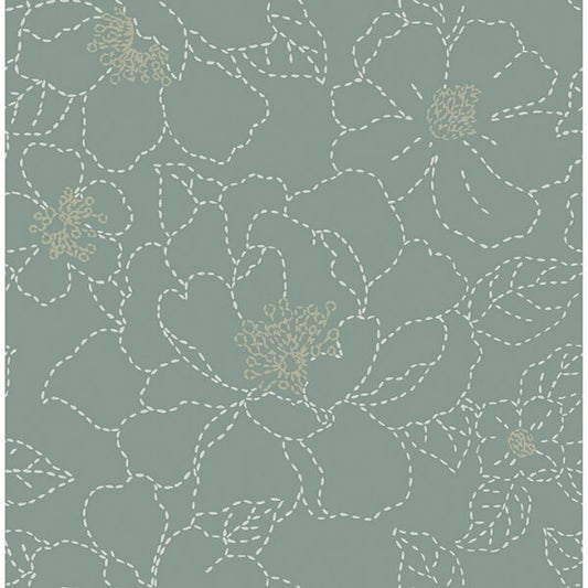 Gardena Sea Green Embroidered Floral Wallpaper