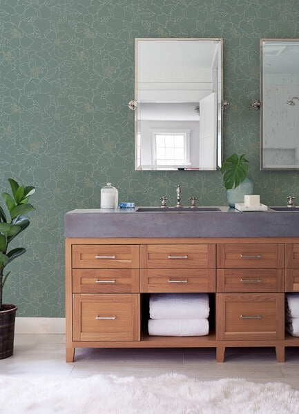 Gardena Sea Green Embroidered Floral Wallpaper
