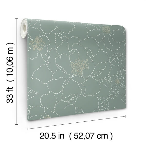 Gardena Sea Green Embroidered Floral Wallpaper