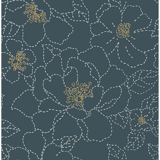 Gardena Indigo Embroidered Floral Wallpaper