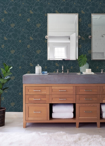Gardena Indigo Embroidered Floral Wallpaper