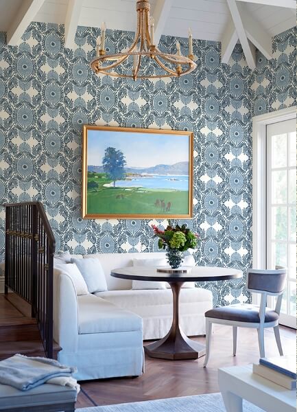 Villa Blue Embellished Ogee Wallpaper