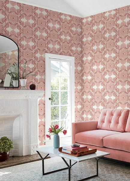 Villa Raspberry Embellished Ogee Wallpaper