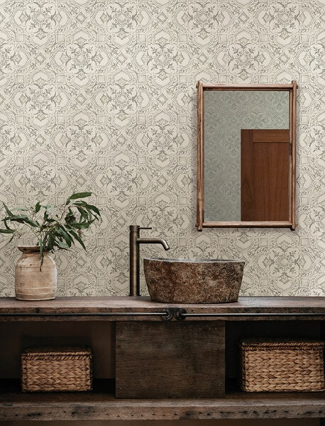 Marjoram Light Grey Floral Tile Wallpaper