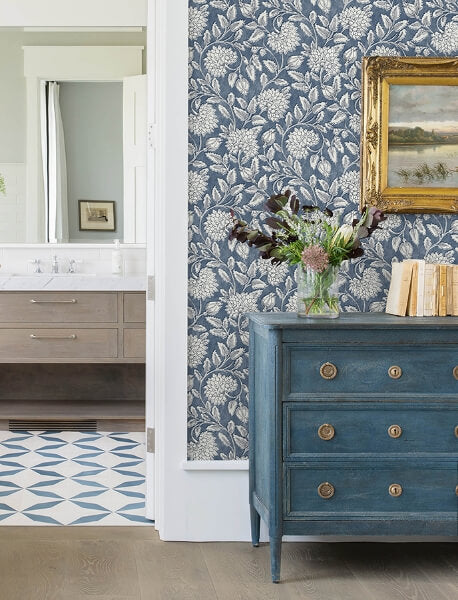 Vadouvan Navy Jacobean Trail Wallpaper