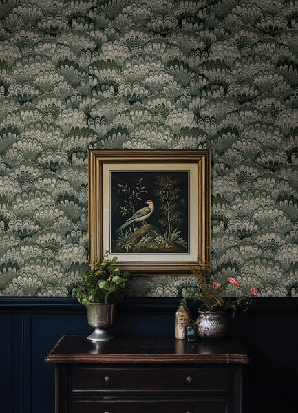 Octavia Dark Green Marbled Ink Wallpaper