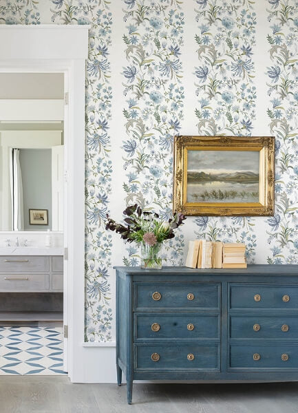 Teonna Blue Floral Stripe Wallpaper