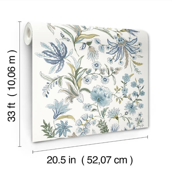 Teonna Blue Floral Stripe Wallpaper