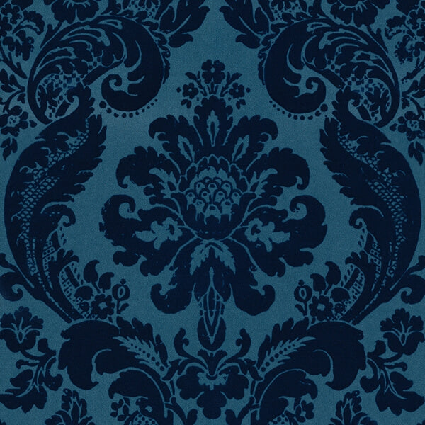 Shadow Blue Flocked Damask Wallpaper