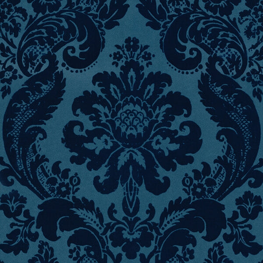 Shadow Blue Flocked Damask Wallpaper