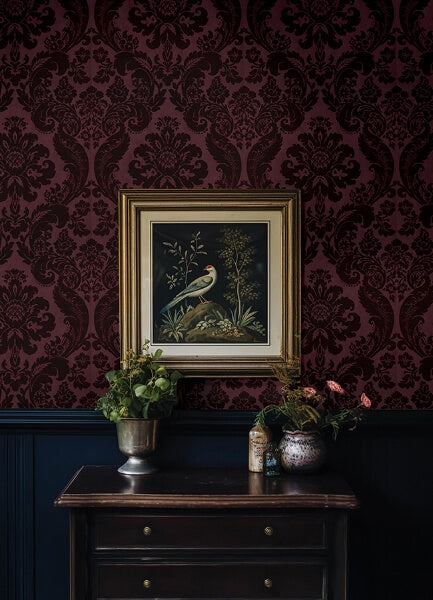 Shadow Merlot Flocked Damask Wallpaper