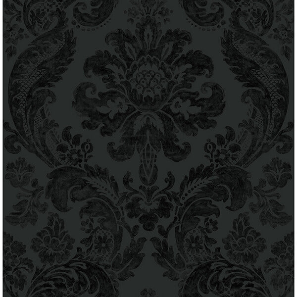 Shadow Black Flocked Damask Wallpaper