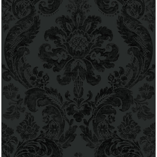 Shadow Black Flocked Damask Wallpaper