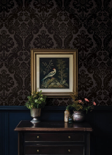 Shadow Black Flocked Damask Wallpaper