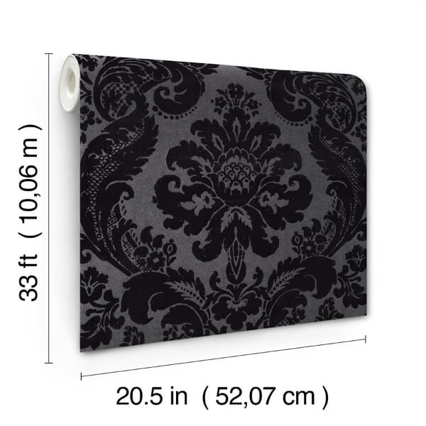 Shadow Black Flocked Damask Wallpaper