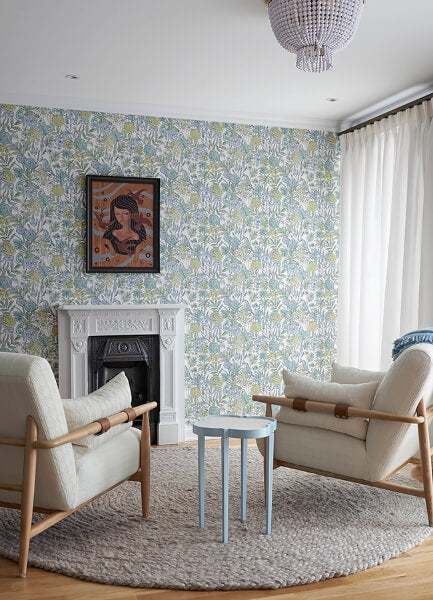 Goldfinch Aqua Birds and Blooms Wallpaper