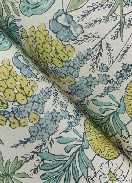 Goldfinch Aqua Birds and Blooms Wallpaper