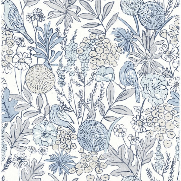 Goldfinch Blue Birds and Blooms Wallpaper