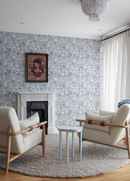 Goldfinch Blue Birds and Blooms Wallpaper