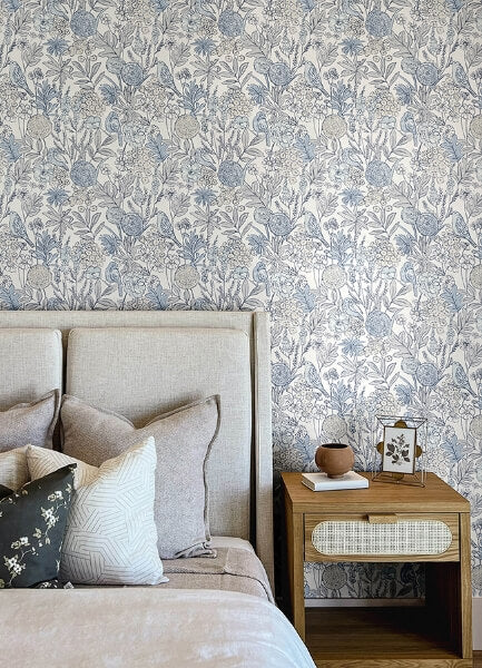 Goldfinch Blue Birds and Blooms Wallpaper