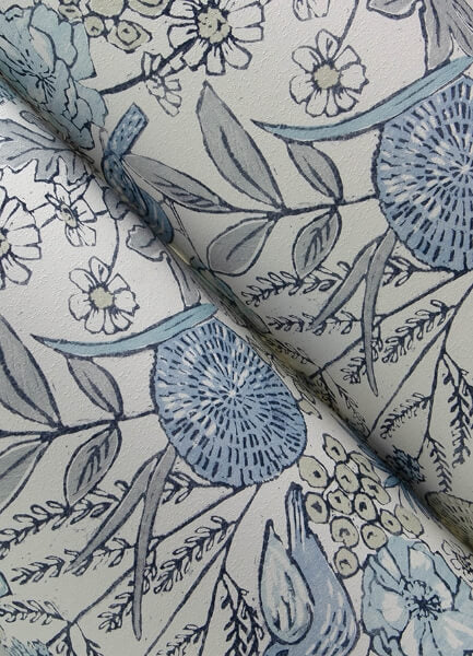 Goldfinch Blue Birds and Blooms Wallpaper