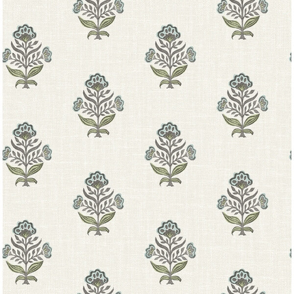 Hollyhock Aqua Floral Crest Wallpaper